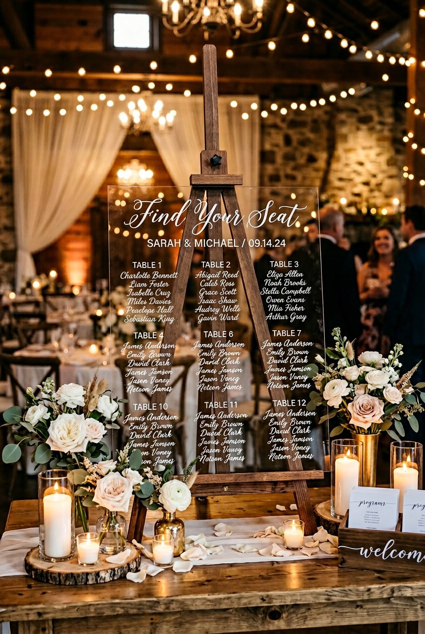 A clear acrylic seating chart with names and table numbers displayed on an easel surrounded by flowers and candles at a wedding venue.