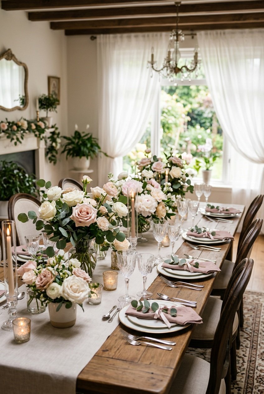 A beautifully decorated dining table with flowers, candles, and tableware set for a wedding celebration indoors.