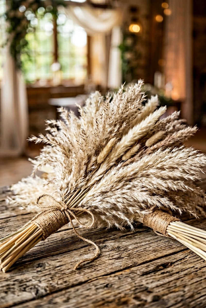 A dried pampas grass bouquet tied with twine resting on a wooden surface with soft natural light in the background.