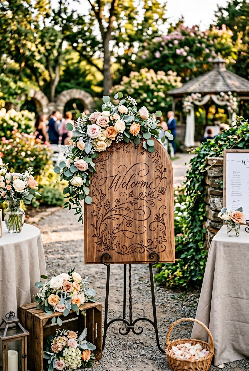 A wooden welcome sign surrounded by flowers at an outdoor wedding venue.