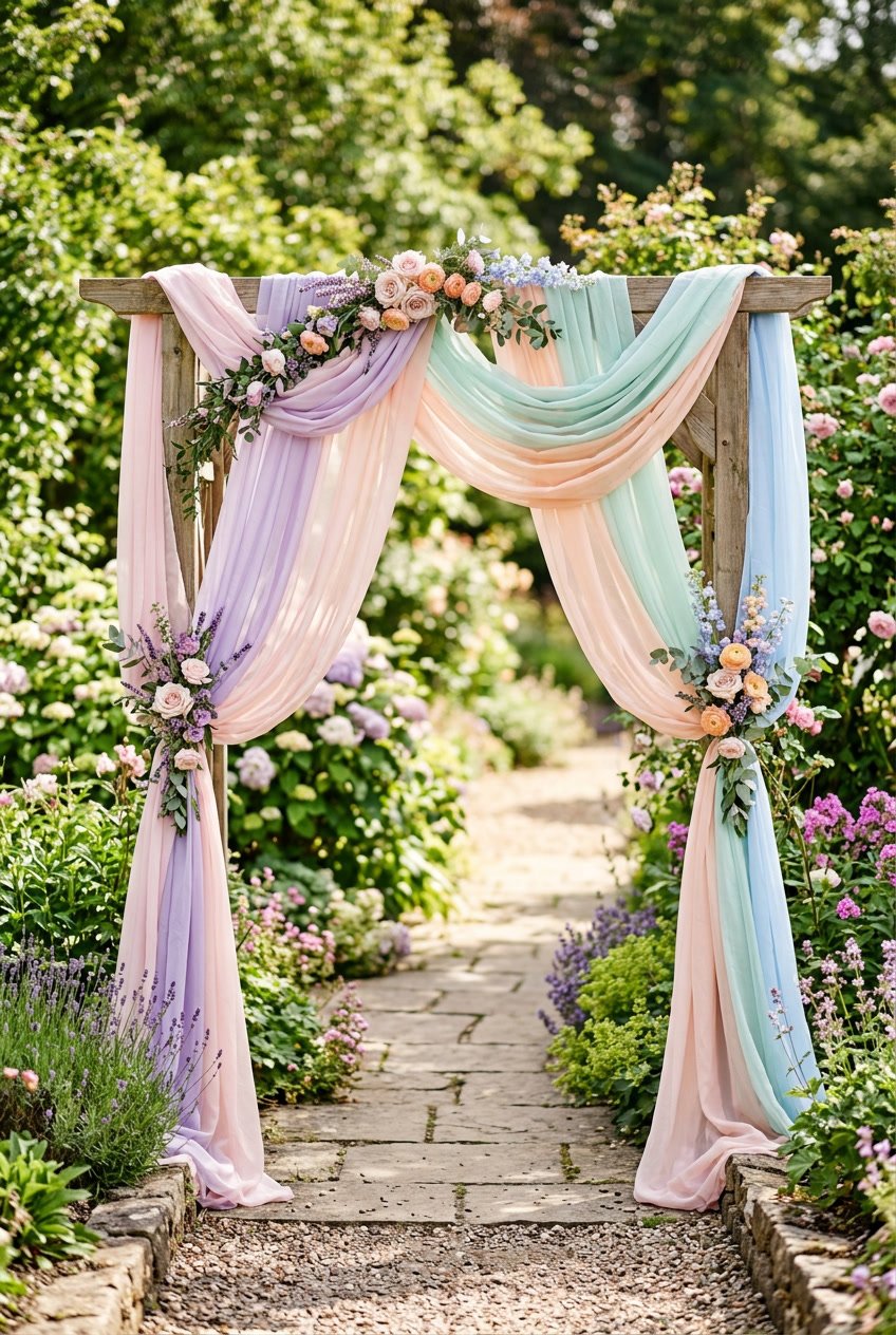 A wedding arch decorated with colorful flowing scarves in pastel colors set outdoors with greenery in the background.