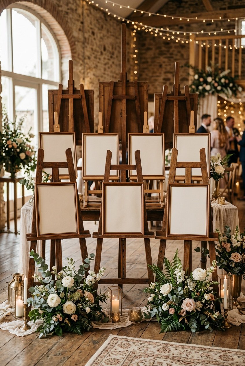 Vintage wooden easels arranged indoors with floral decorations, displaying multiple blank signboards in a wedding setting.