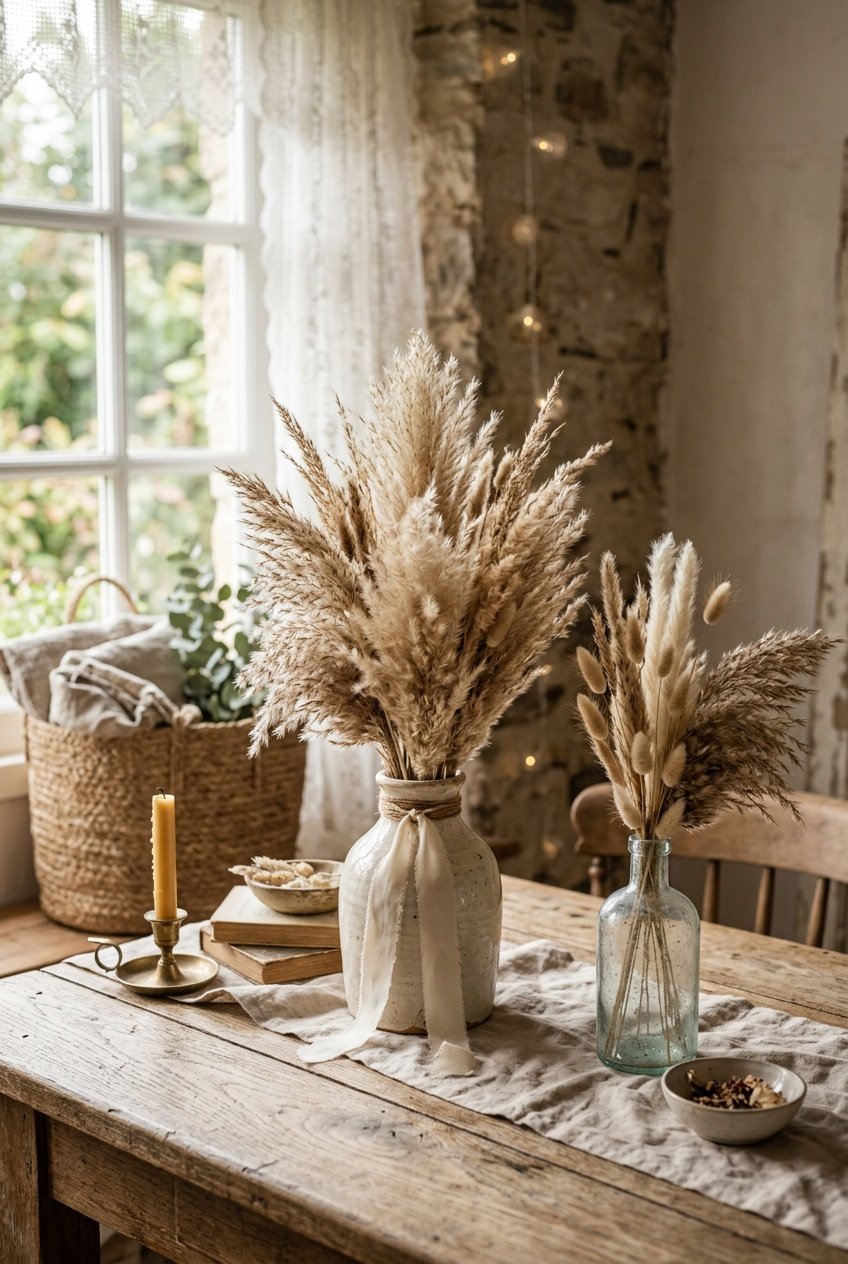 A rustic farmhouse table with reed grass bouquets arranged in vases, softly lit by natural light.
