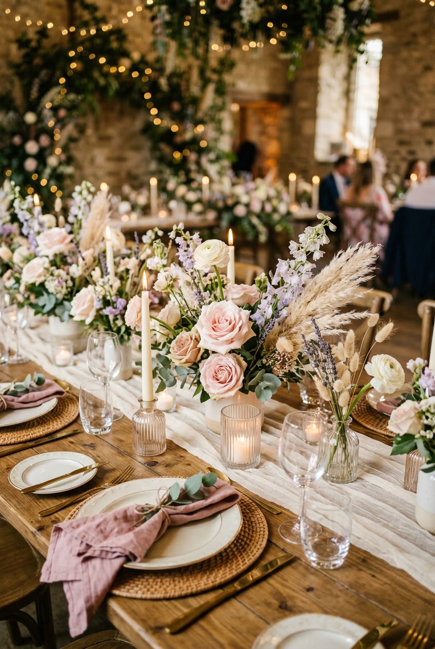 A wedding table set with floral centerpieces, candles, and rustic tableware in a softly lit room.