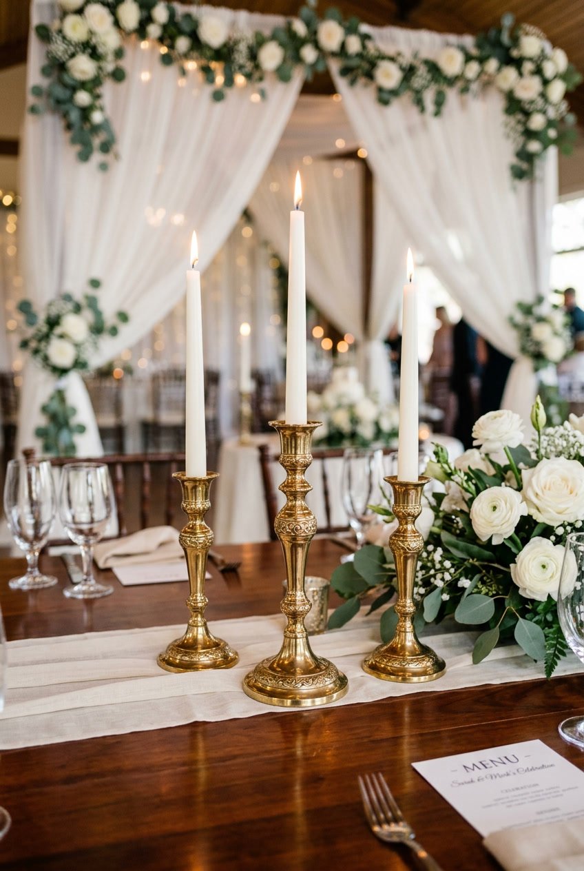 A set of classic candle holders with lit white candles on a wooden table, surrounded by wedding floral decorations.