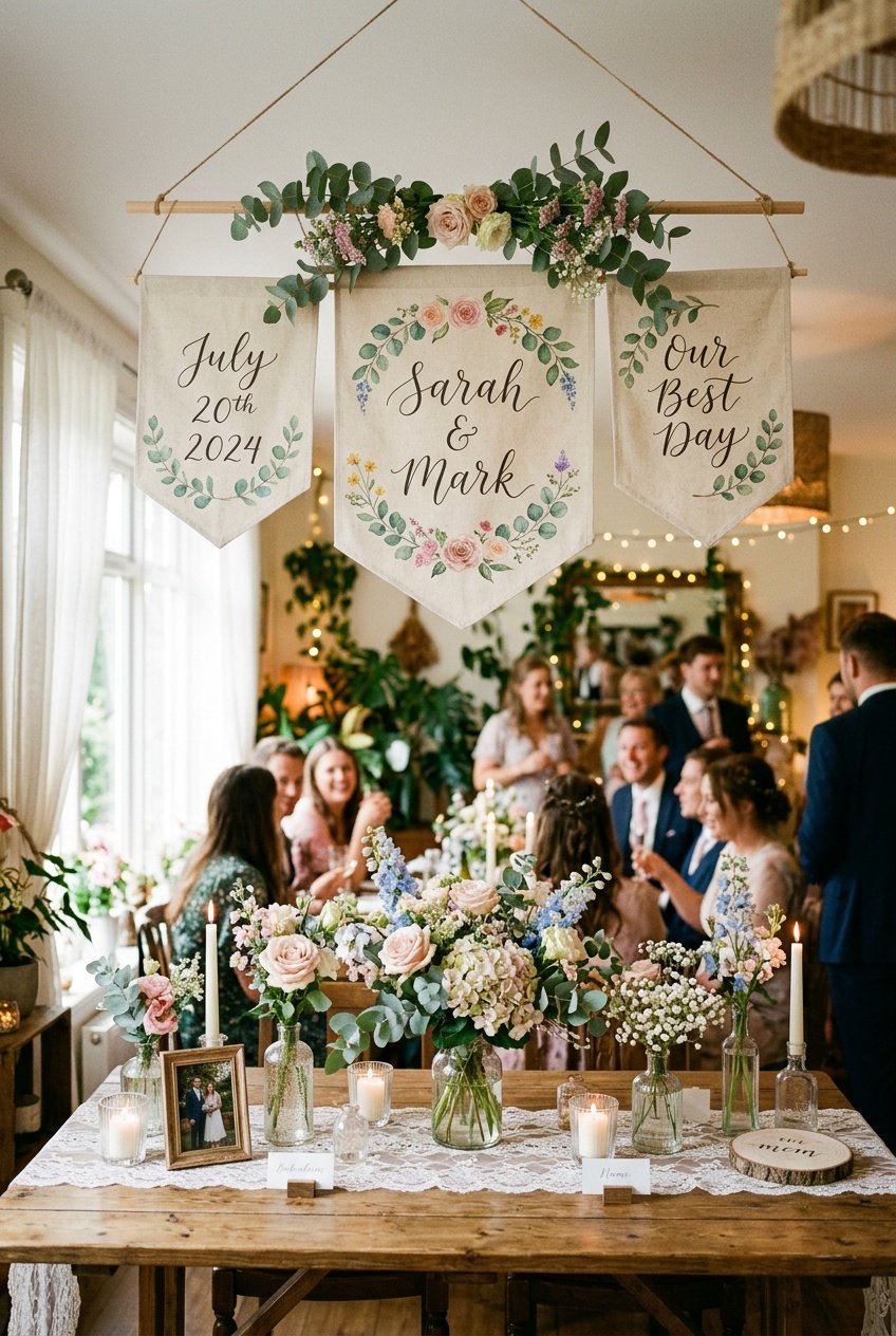 Indoor wedding setup with handmade personalized fabric banners hanging above a decorated wooden table with flowers and candles.