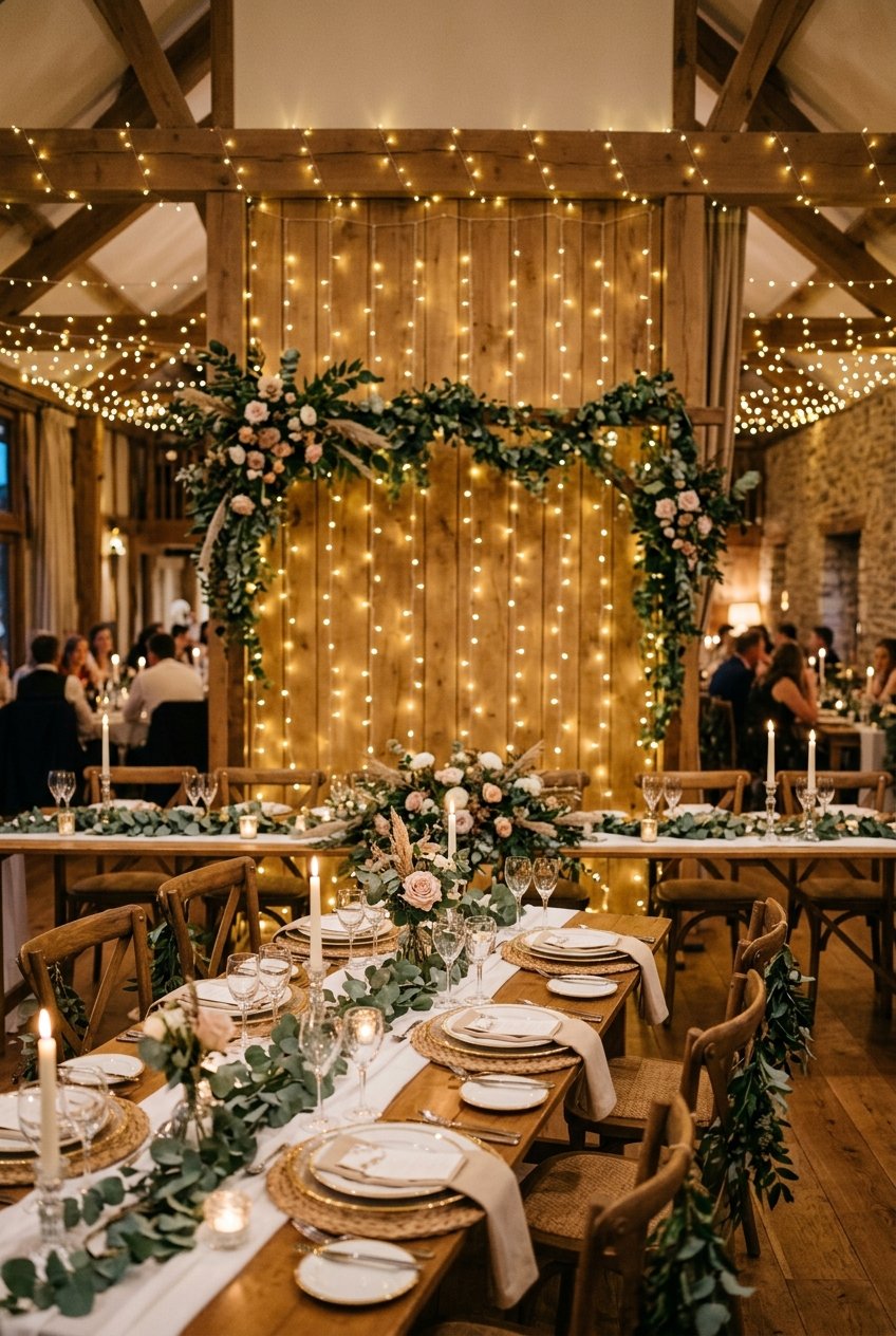 A cozy indoor wedding scene with warm fairy lights draped over wooden surfaces and surrounded by greenery and flowers.
