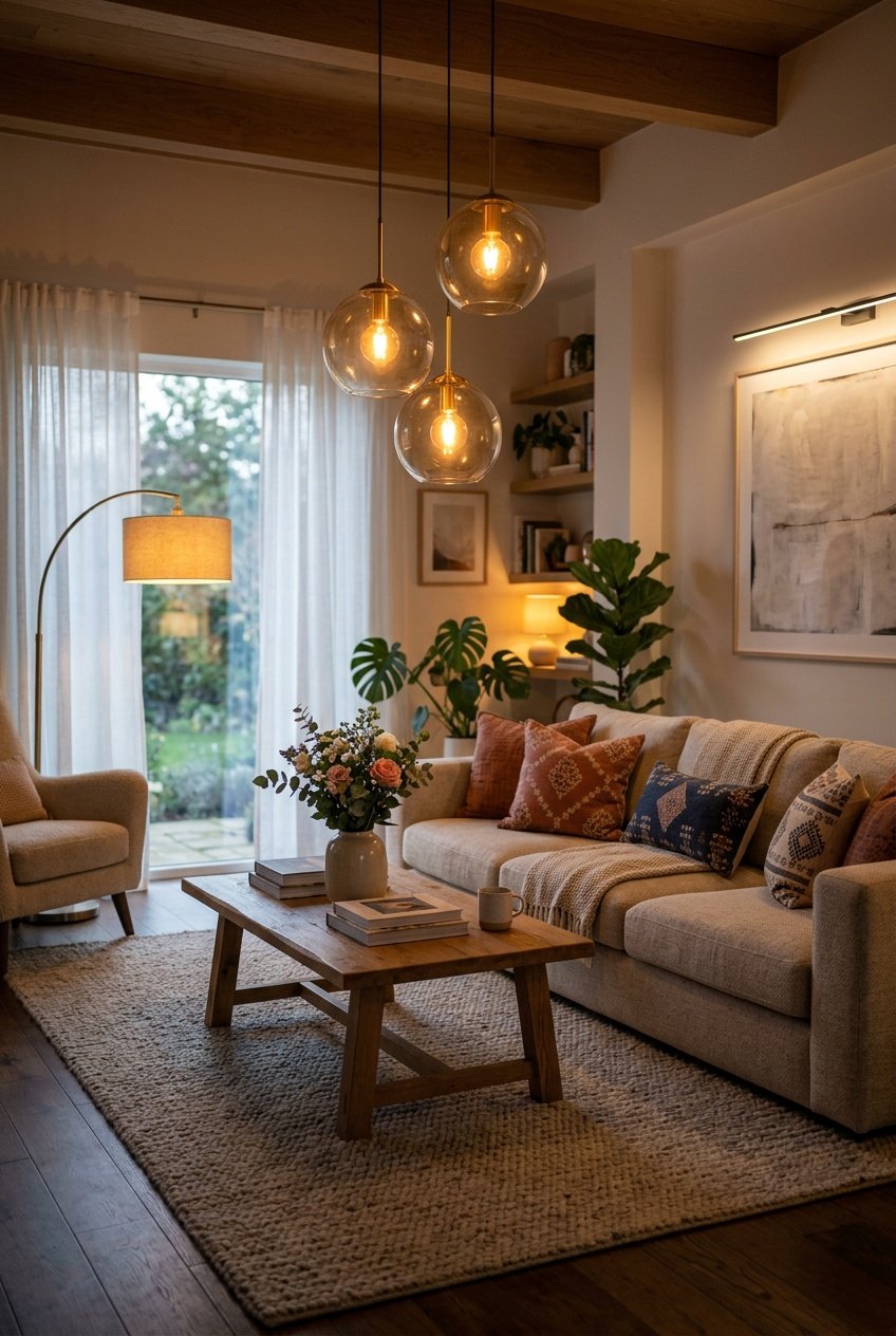 A living room with warm home decor lights including pendant lights and a floor lamp illuminating a sofa and coffee table.