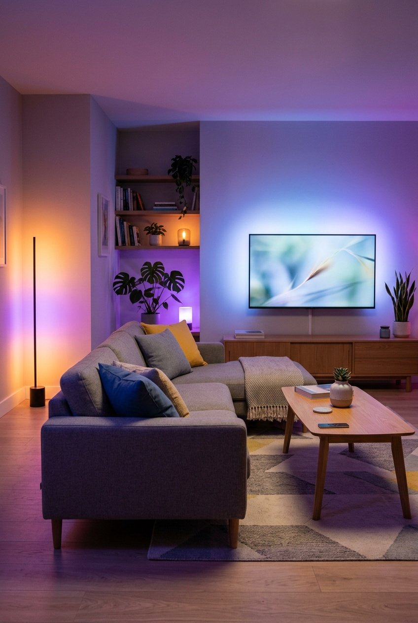 A modern living room softly lit with colorful ambient lights, featuring a sofa and coffee table.