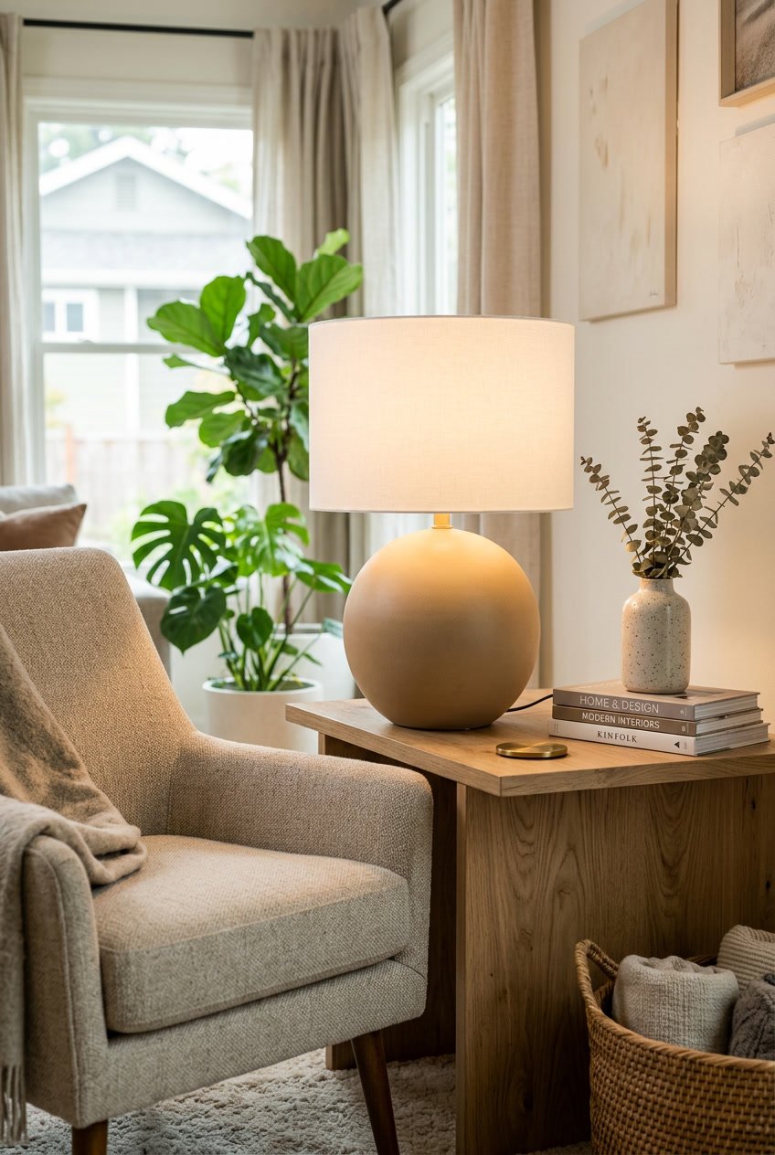 A sculptural sphere table lamp on a wooden side table in a living room with natural light and plants.