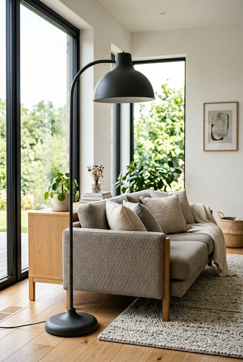 A black IKEA HEKTAR floor lamp next to a sofa in a bright living room with a wooden side table and plant.