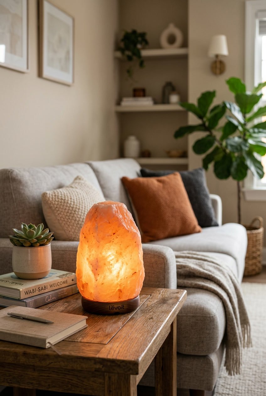 A Himalayan salt lamp glowing warmly on a wooden table in a cozy living room with a sofa and plants in the background.