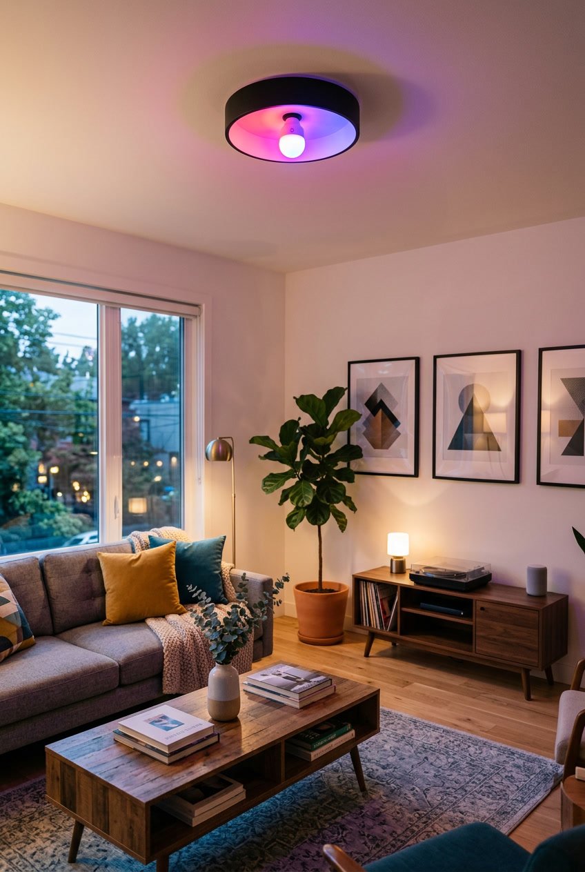 A living room softly lit by a smart LED light bulb with modern furniture and plants.