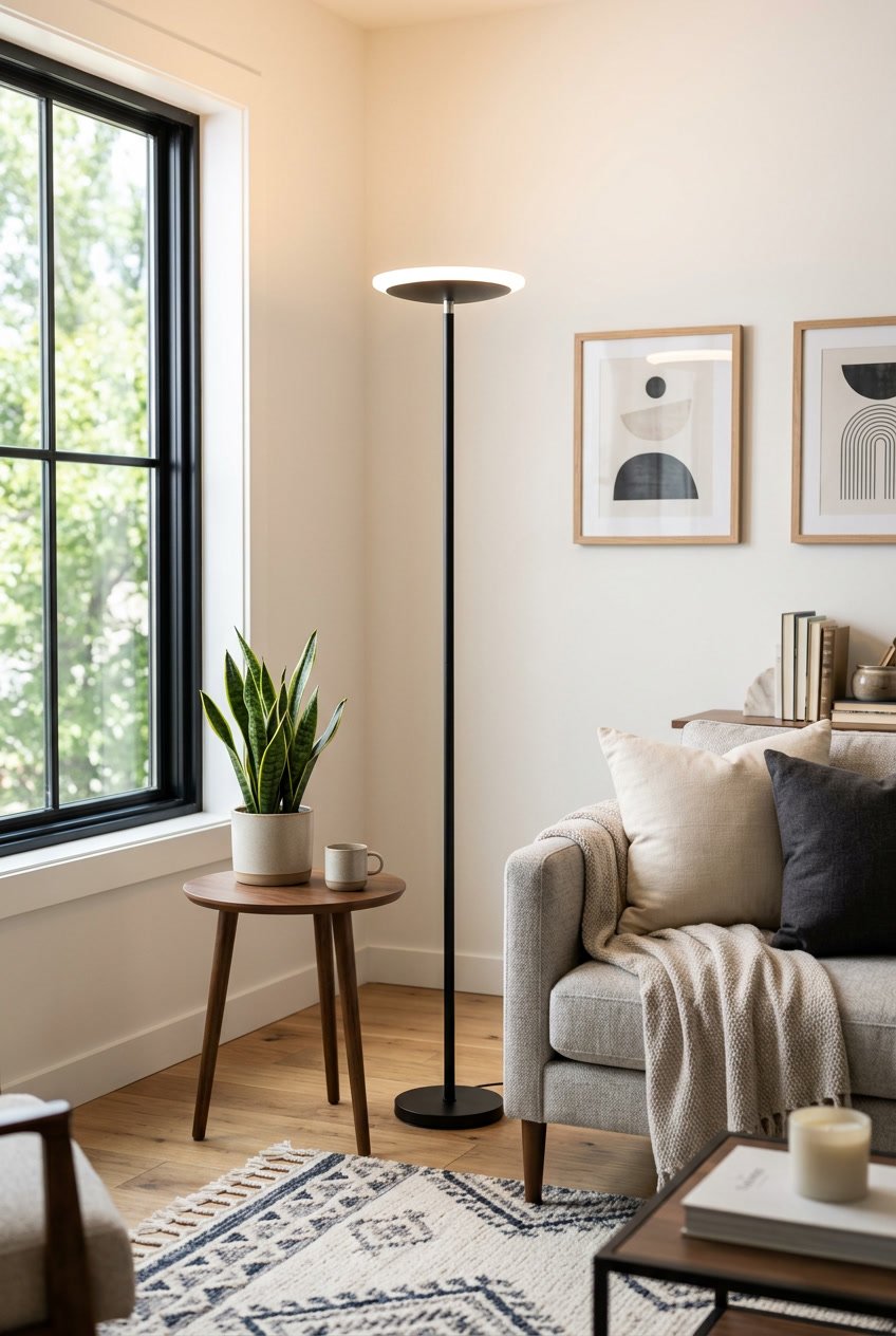 A tall LED floor lamp glowing softly next to a sofa in a cozy living room corner with a side table and decorative plants.