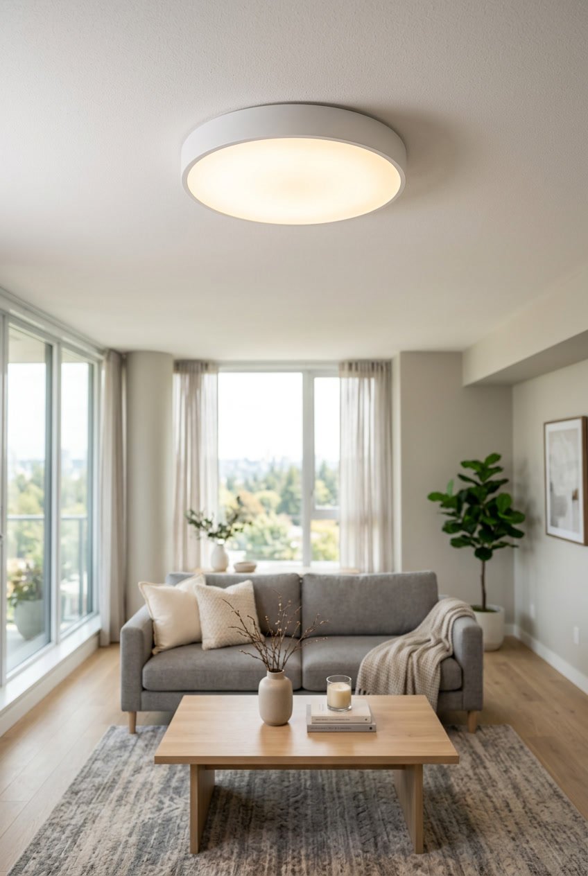 A modern dimmable LED ceiling light illuminating a living room with a sofa, coffee table, and large windows.