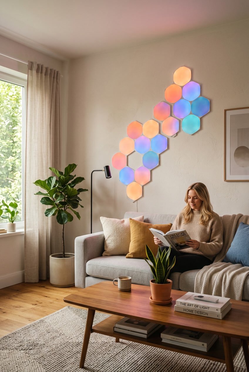 A living room with hexagonal wall lights glowing softly above a sofa and coffee table.