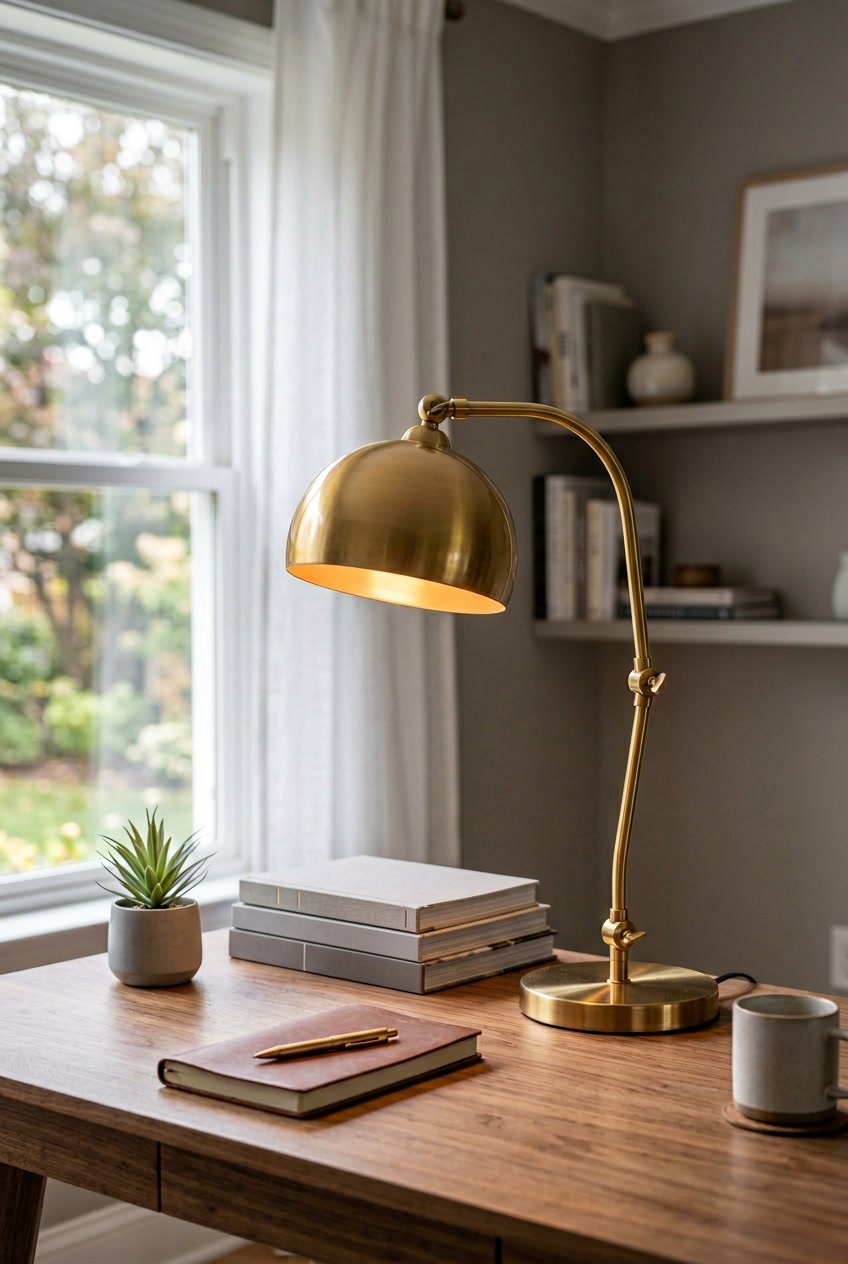 A brass desk lamp on a wooden desk next to a potted plant and books in a tidy home office.