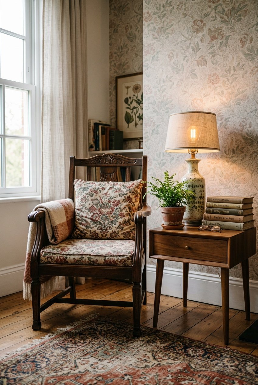 A cozy living room corner with a wooden armchair, side table with a lamp and books, and a small potted plant.