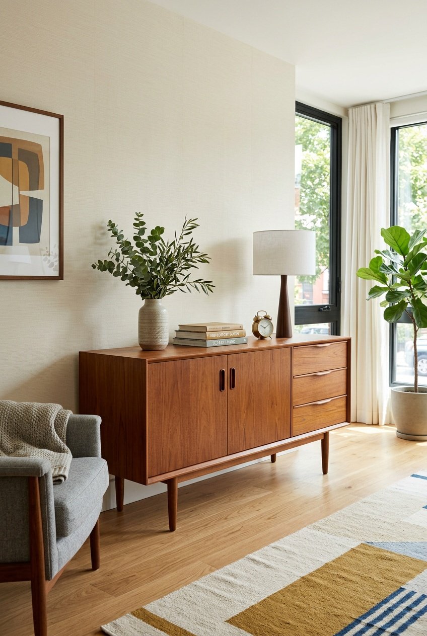 A teak sideboard with decorative items in a bright living room with natural light.