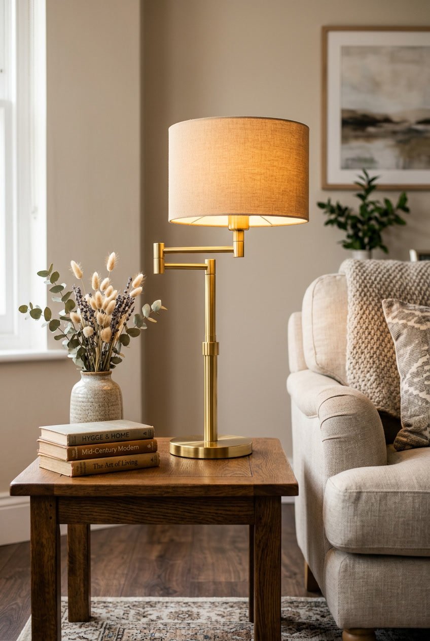 A brass table lamp on a wooden side table with books and a vase in a cozy living room.