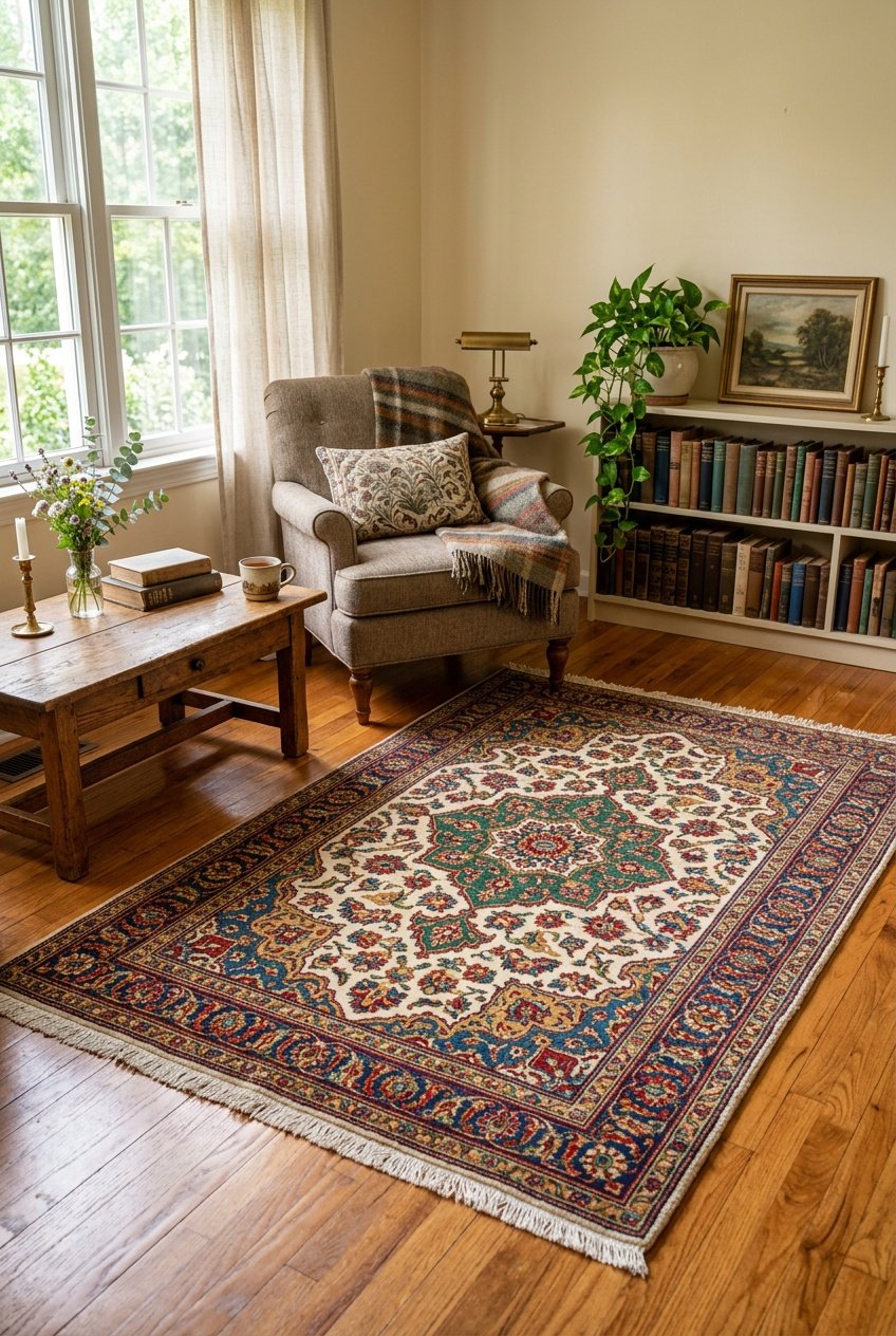 A richly patterned Persian rug laid out on a wooden floor in a cozy living room with vintage furniture and natural light.