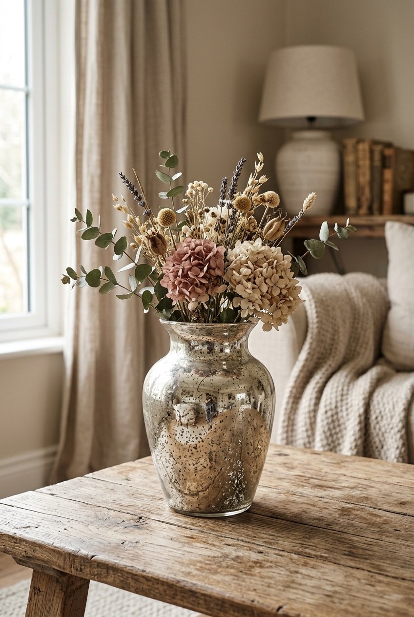 A vintage mercury glass vase with dried flowers on a wooden table in a cozy home setting.
