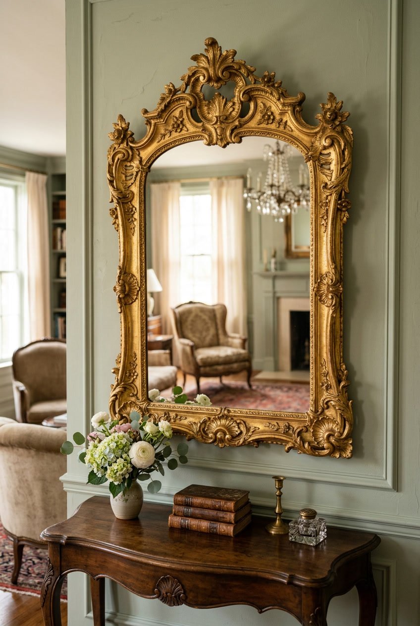 An ornate gold-framed mirror hanging on a wall above a wooden table with flowers and books.