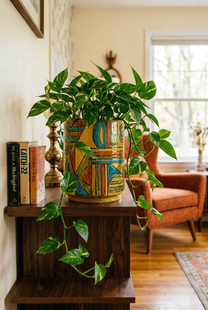 A ceramic planter with a green houseplant on a wooden shelf in a cozy living room.
