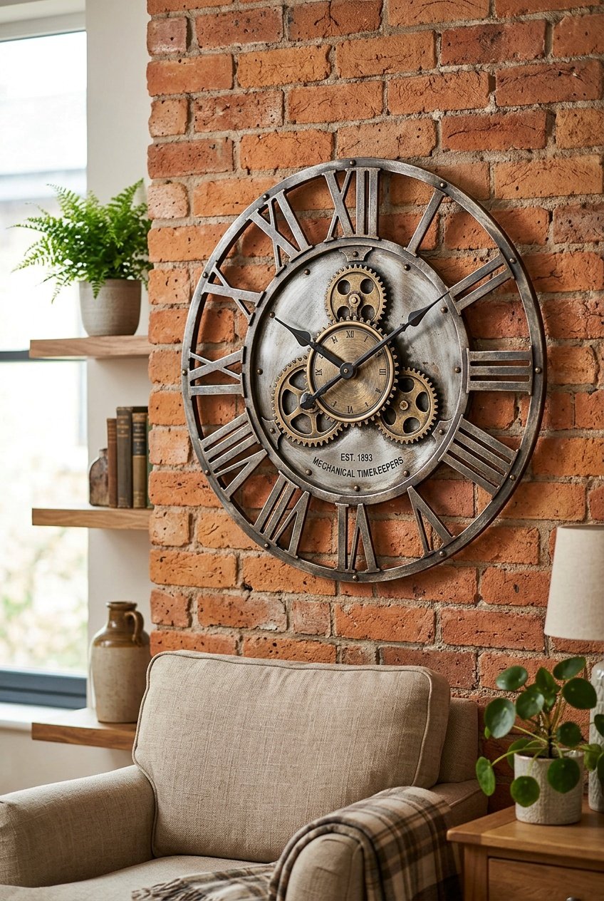 A metal wall clock hanging on a brick wall with home decor elements in the background.
