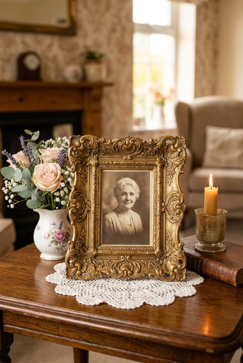An ornate embossed picture frame displayed on a wooden surface surrounded by vintage home decor items like flowers and candles.