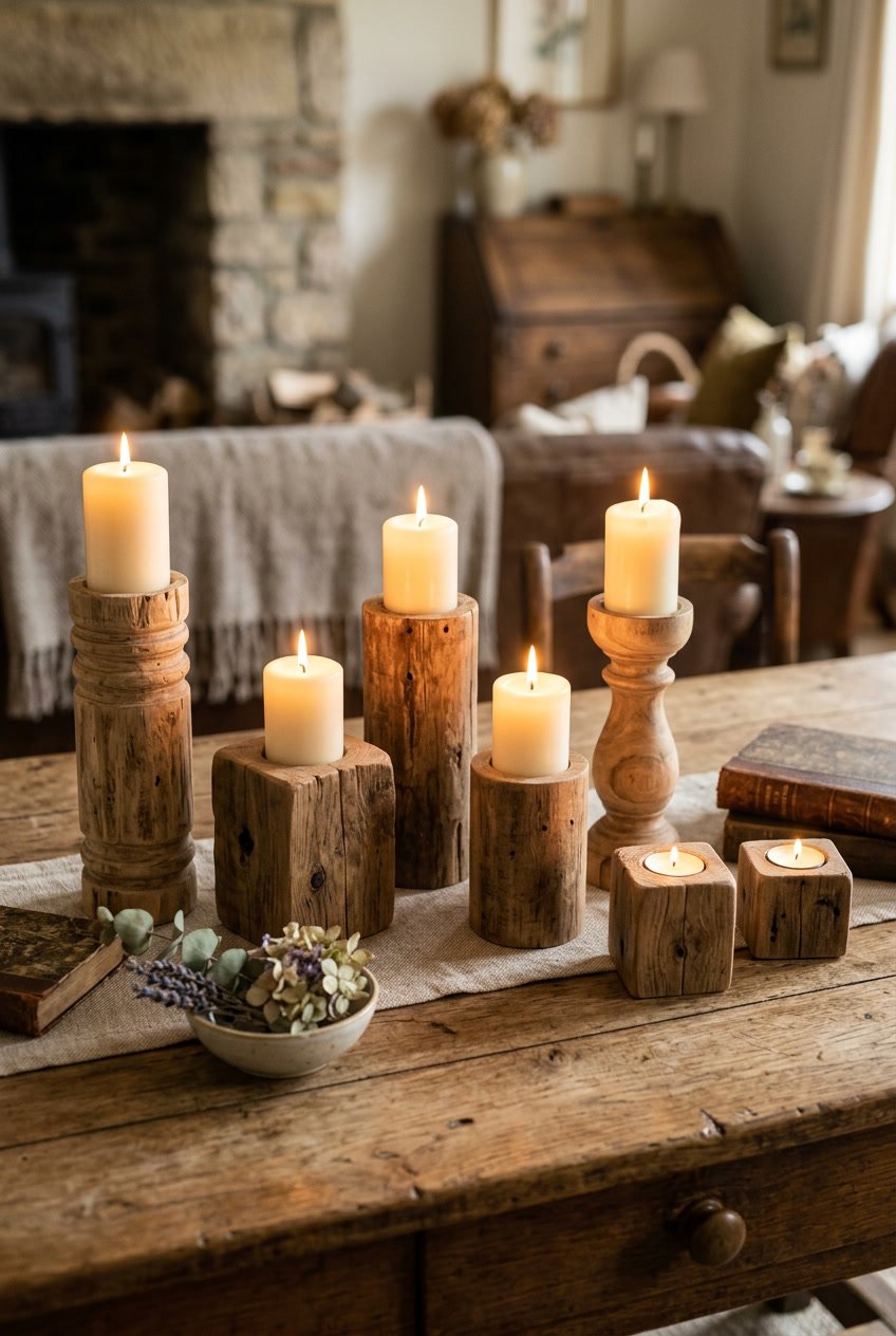 A collection of wooden candle holders with lit candles on a wooden surface, creating a warm and cozy atmosphere.