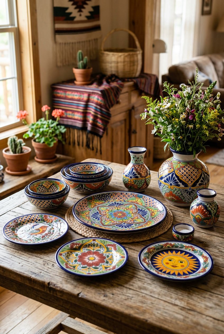 A collection of colorful handcrafted Mexican pottery arranged on a wooden table in a cozy home setting.