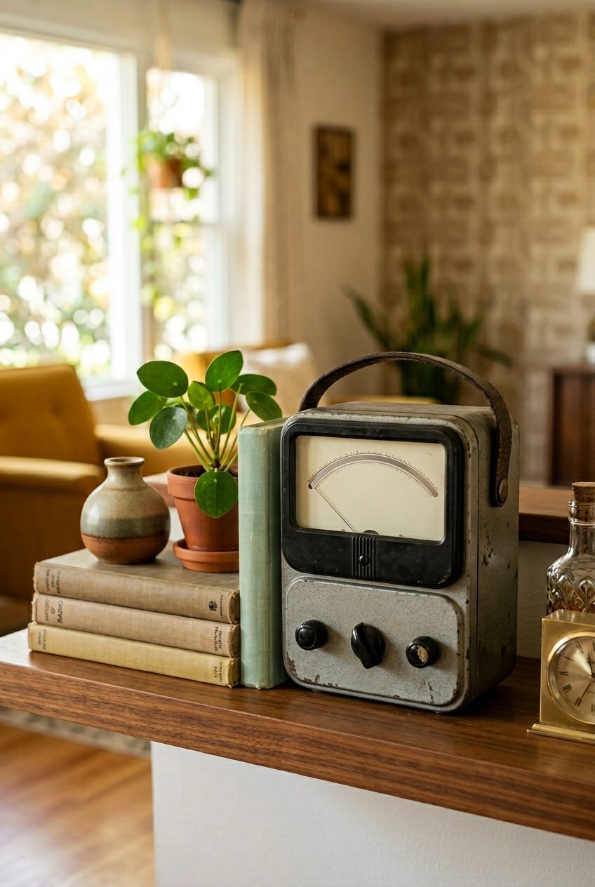 A vintage 1960s voltmeter displayed on a wooden shelf with plants, books, and a vase in a warmly lit living room.