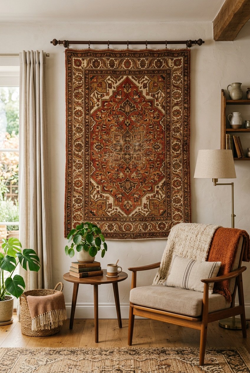 A vintage tapestry hanging on a wall above a wooden side table with a potted plant and an armchair nearby in a cozy living room.