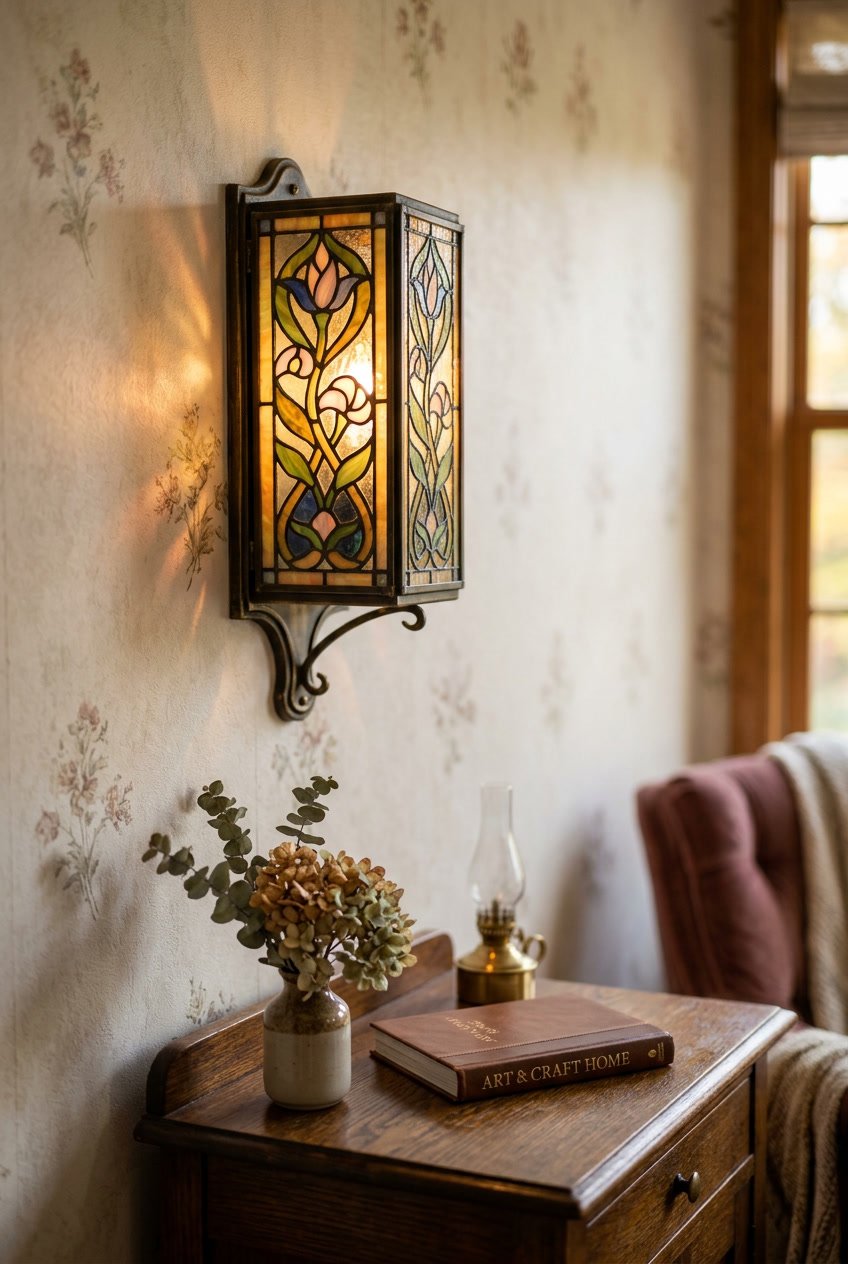 A stained glass wall sconce with colorful floral patterns mounted on a wall, softly illuminating a cozy room.