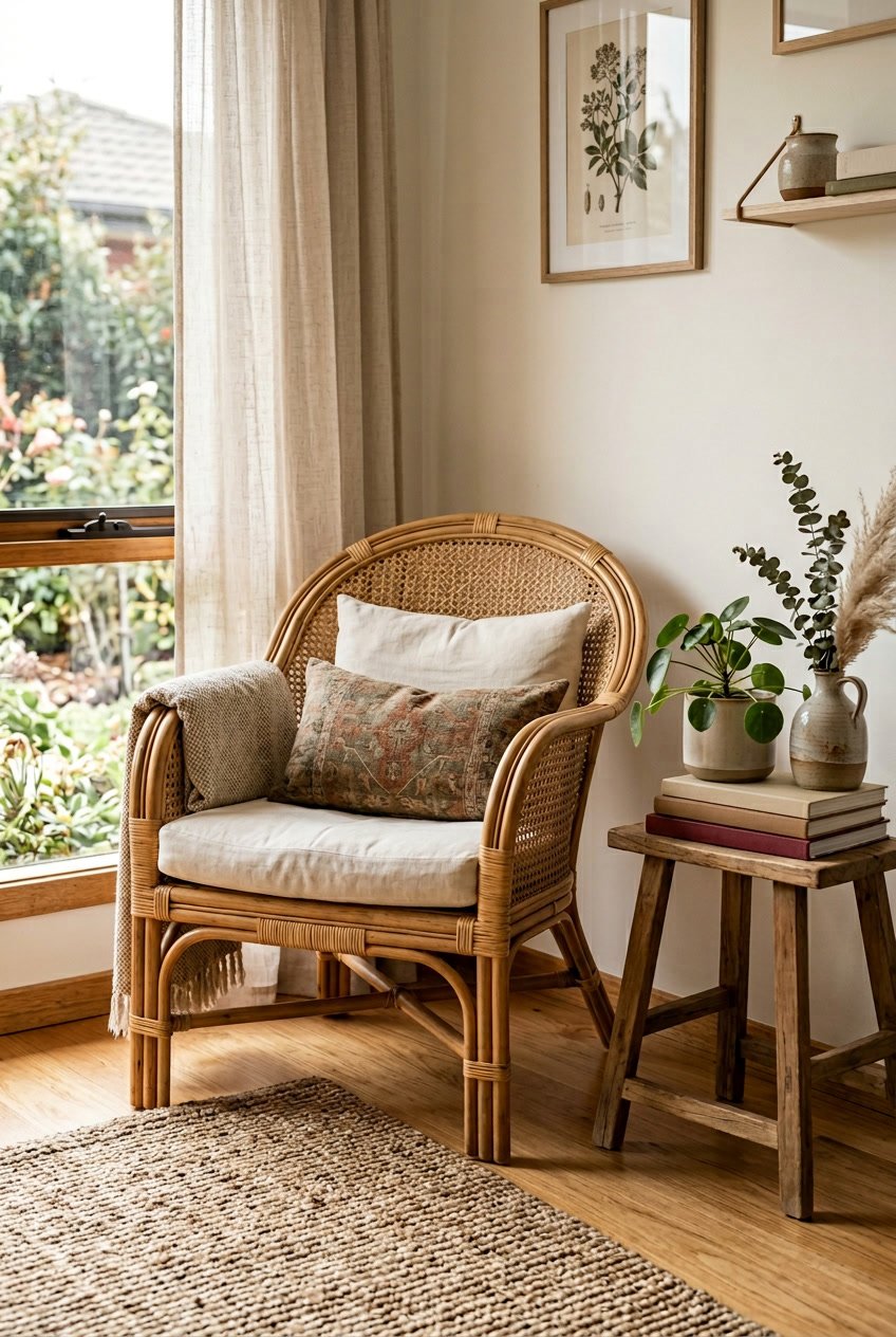 A woven rattan accent chair in a bright living room with a side table, plant, and books.