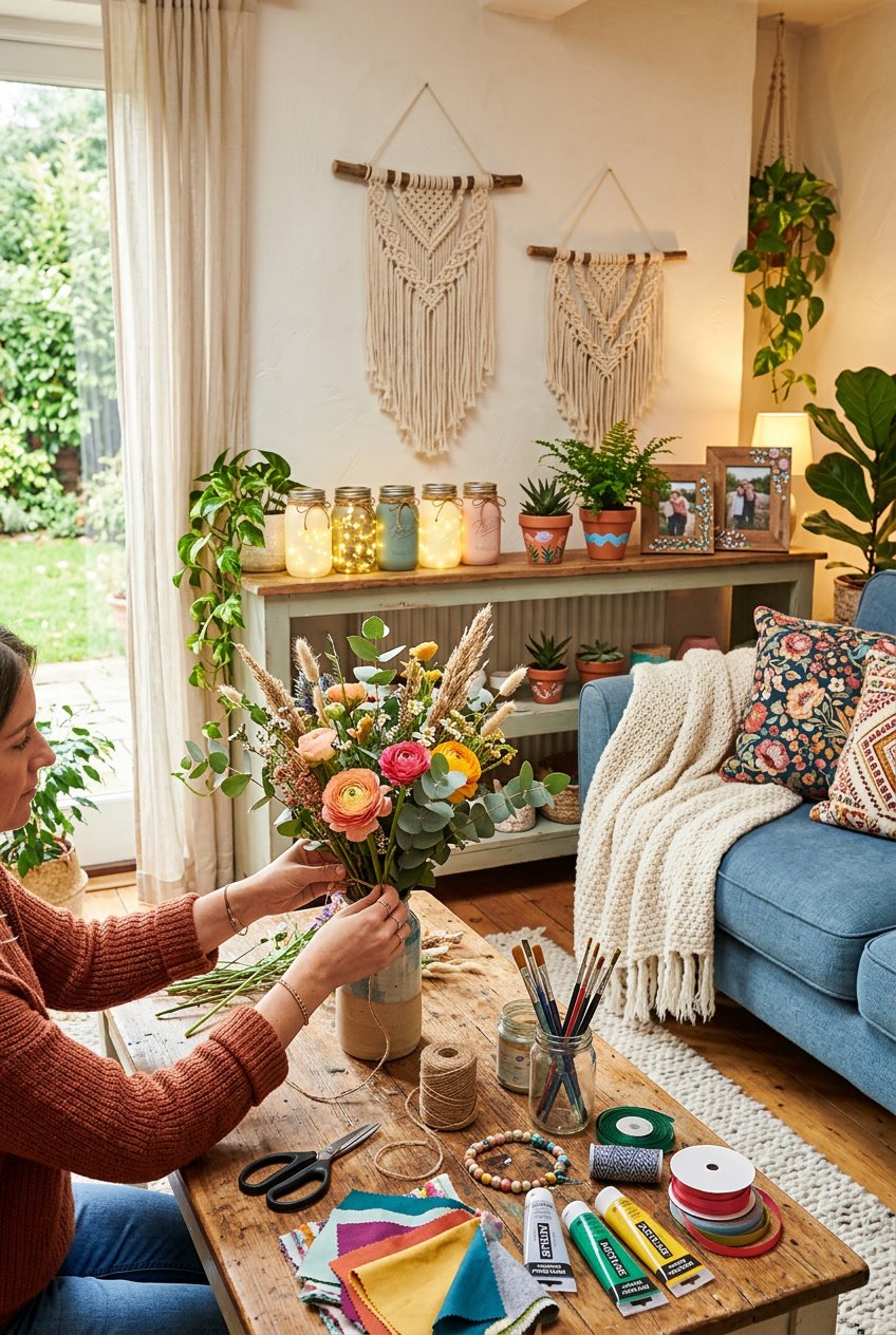 Hands crafting a floral arrangement on a wooden table surrounded by DIY home decor items in a bright living room.