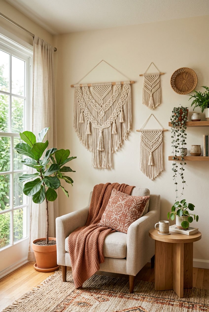 A cozy living room corner with macramé wall hangings on the wall, surrounded by plants and decorative items.