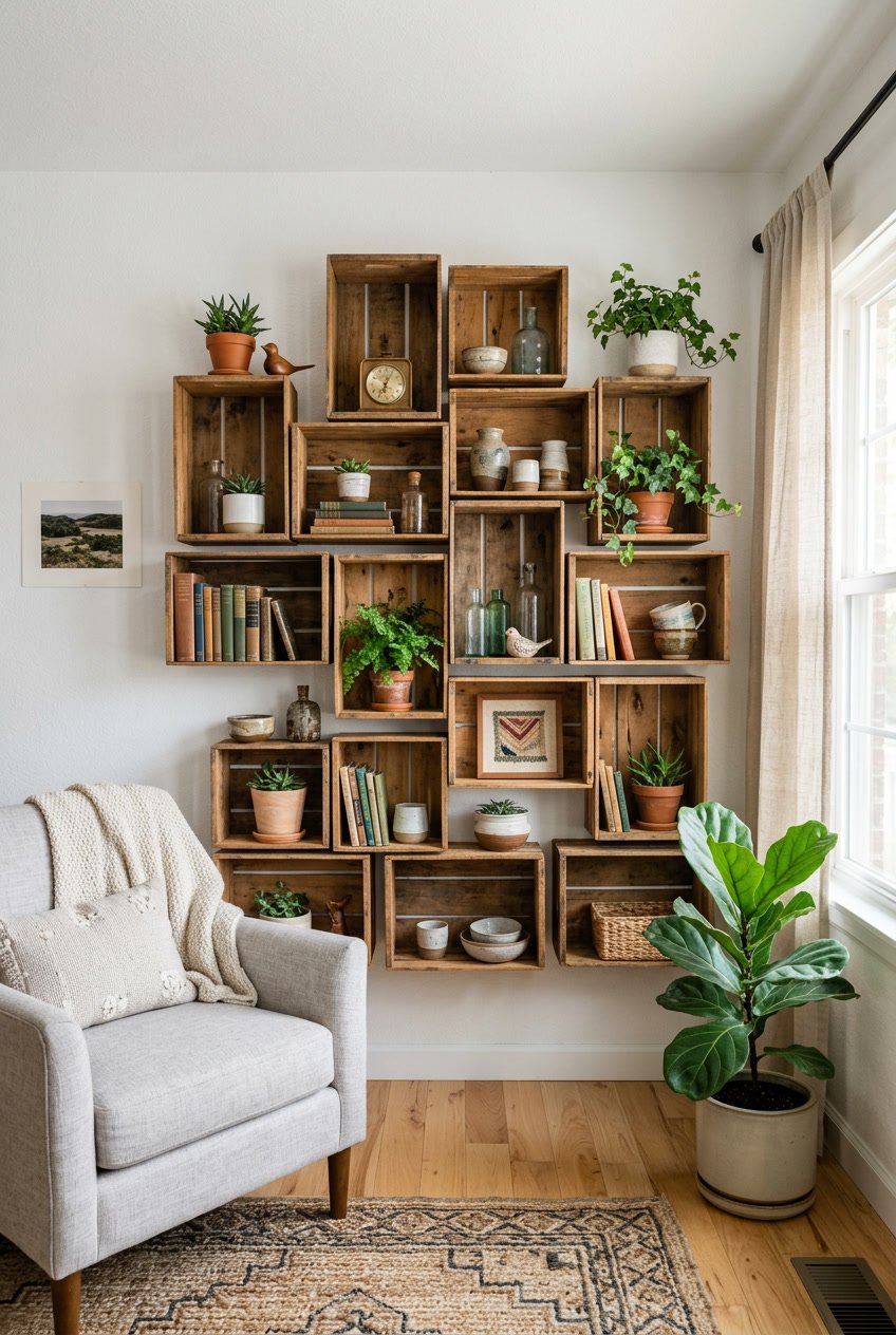 Wooden crate shelves mounted on a wall displaying plants, books, and decorative items in a cozy living room.