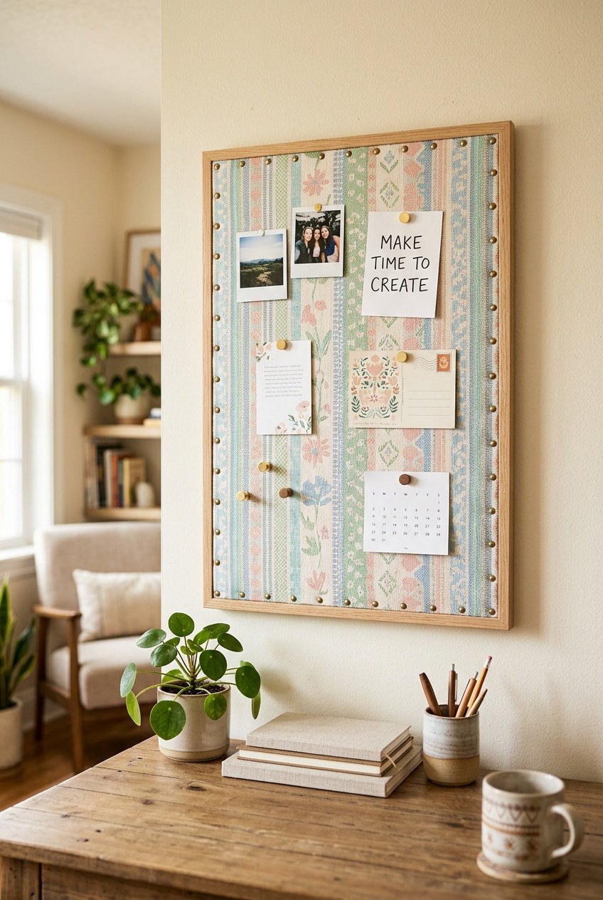 A fabric-covered bulletin board hanging on a wall above a wooden desk with a plant and notebooks.