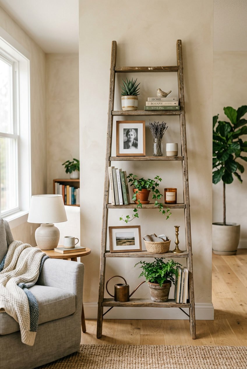 A wooden ladder repurposed as a bookshelf holding plants, books, and decorative items in a bright living room.