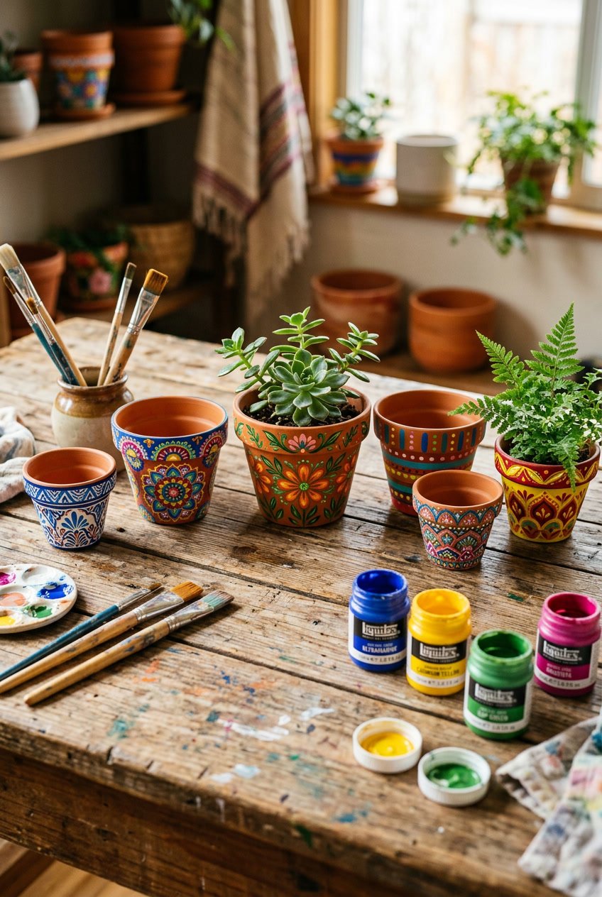 A collection of colorful hand-painted terra cotta pots displayed on a wooden table with paintbrushes and paint jars nearby.