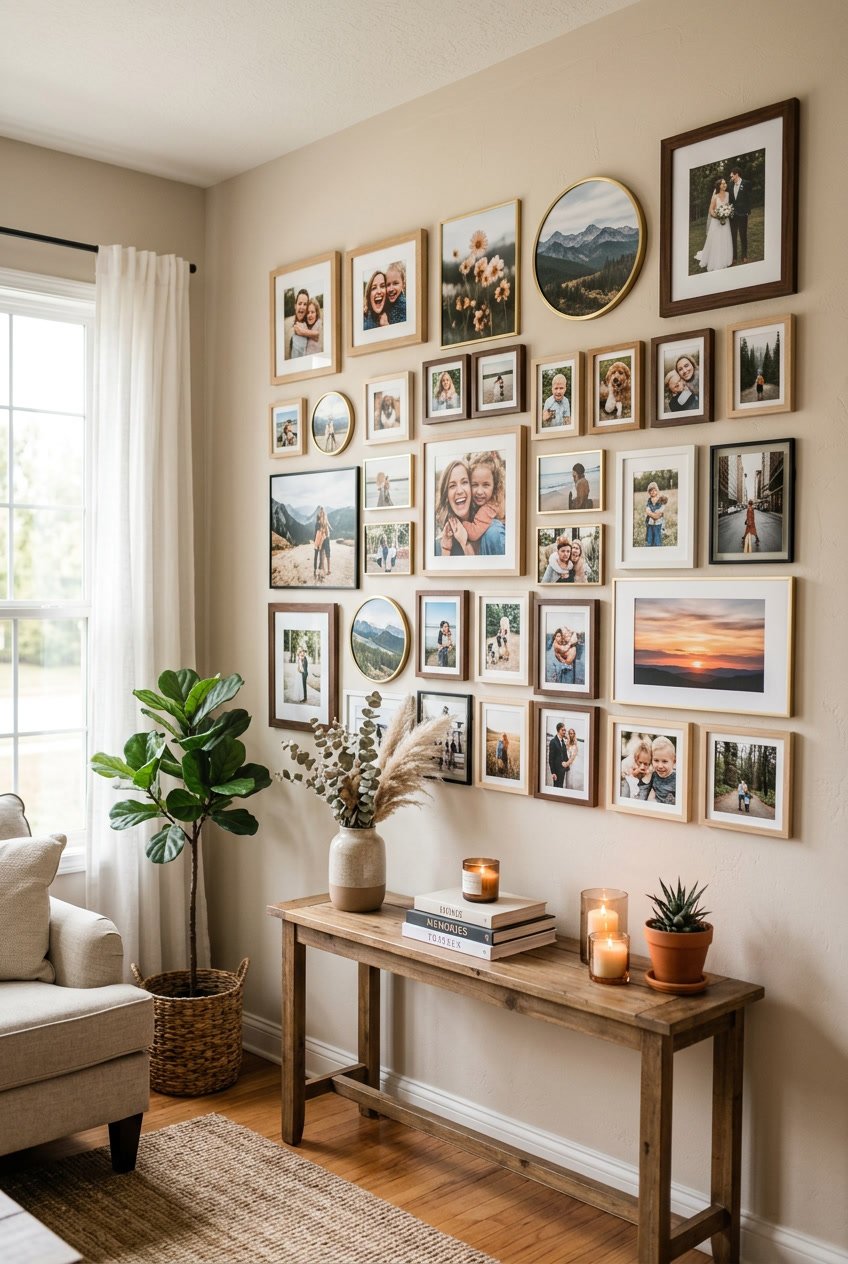 A living room wall decorated with a custom photo collage made of various framed pictures, surrounded by plants and home decor items.