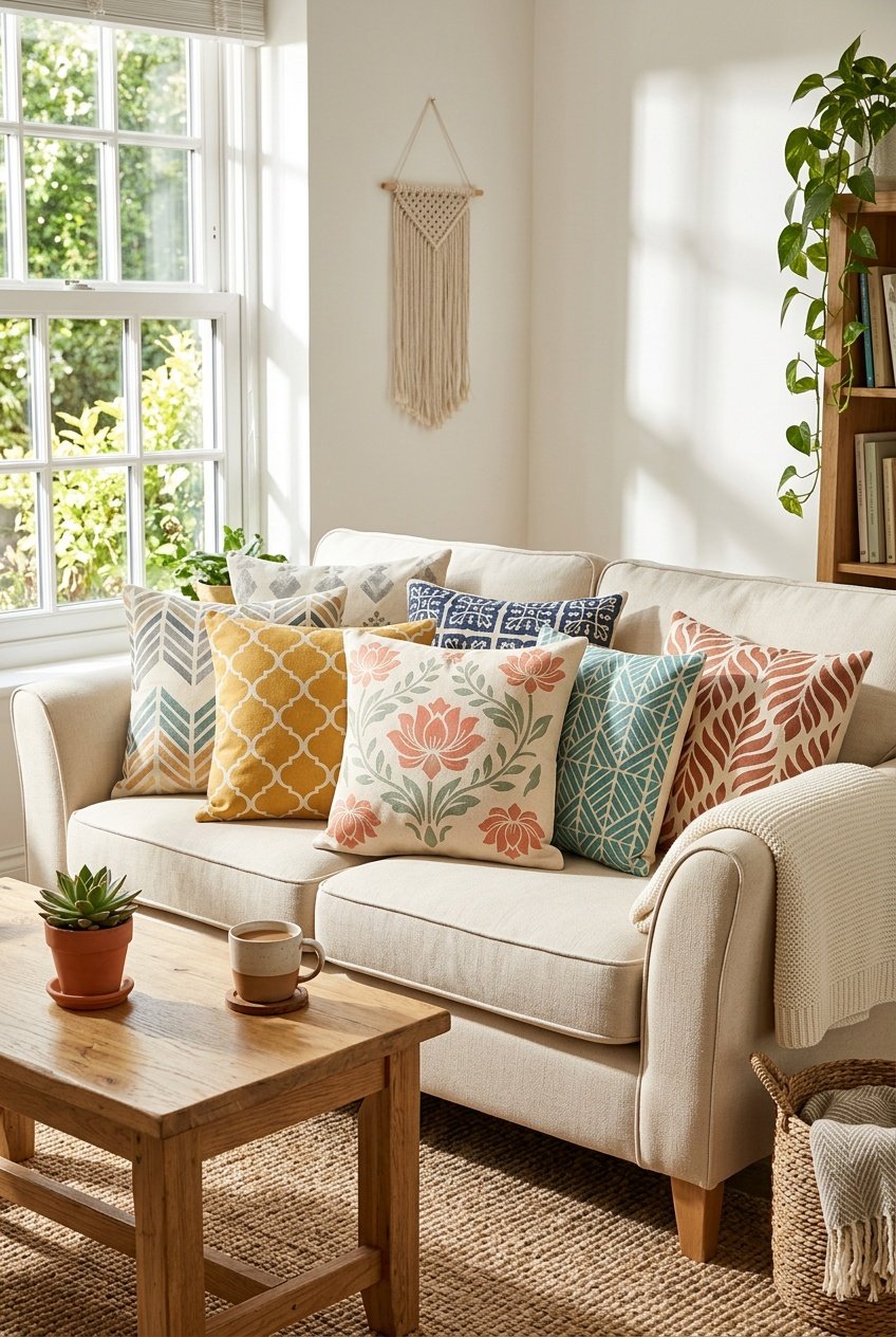 A sofa with several decorative throw pillows featuring stenciled patterns in a well-lit living room with natural light and simple home decor items.