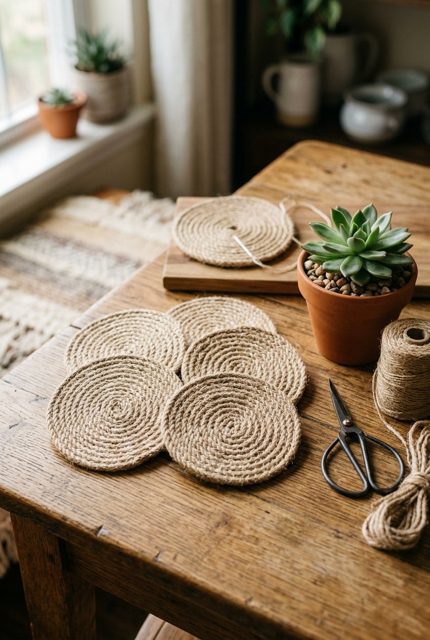A set of round rope coasters on a wooden table with a small plant and crafting materials nearby.