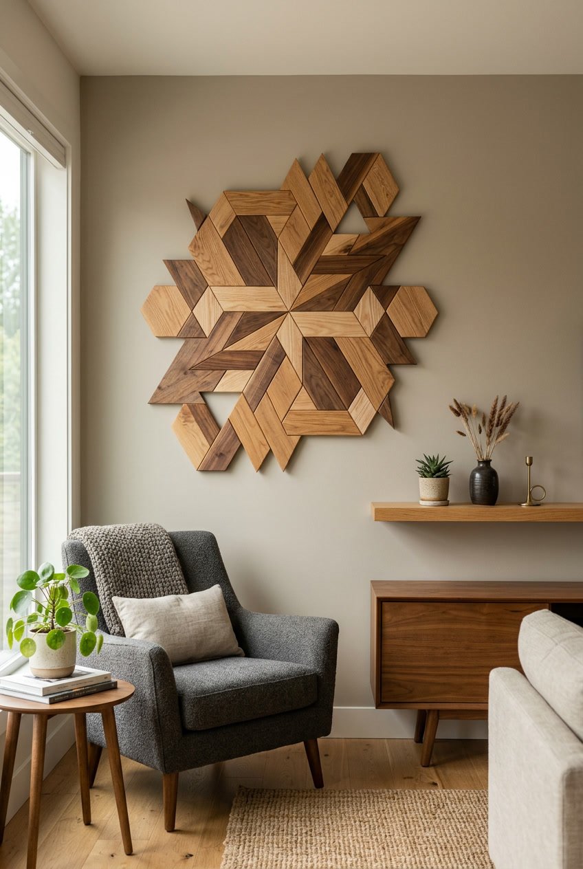 A geometric wooden wall art installation displayed on a wall in a cozy living room with natural light and minimal decor.