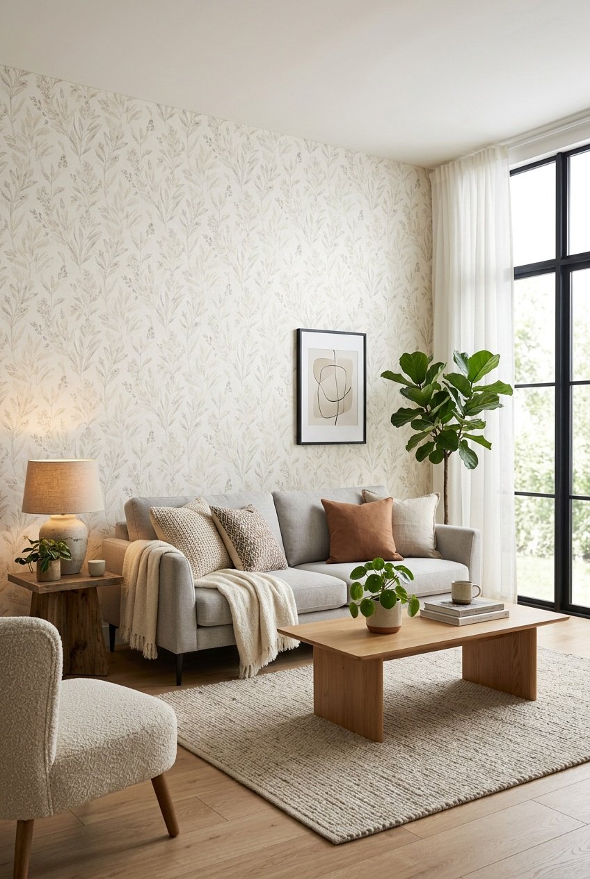 A living room with a sofa, coffee table, and an accent wall covered in decorative wallpaper.