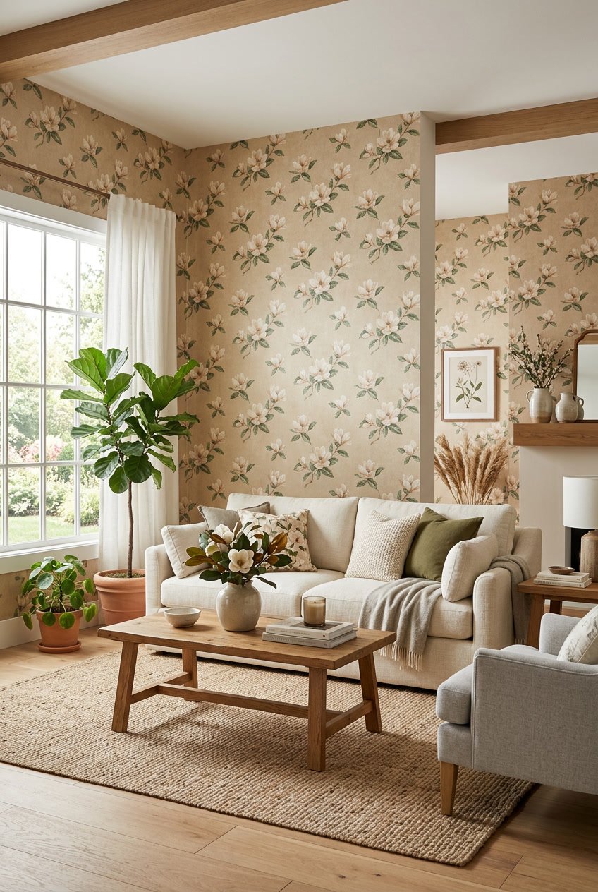 A living room with floral wallpaper, sofa, coffee table, and plants, bathed in natural light.