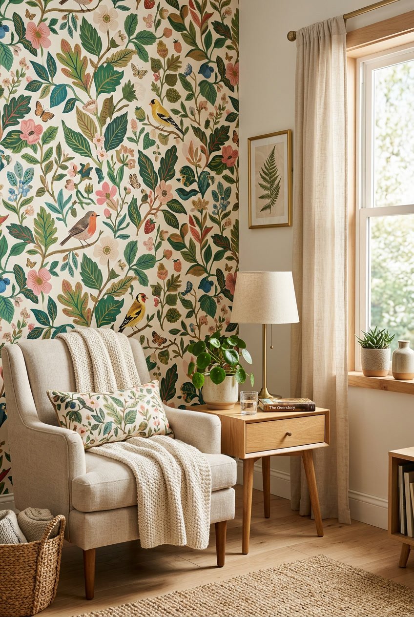 A cozy living room corner with green leafy wallpaper, a wooden side table with a plant, and a comfortable armchair.