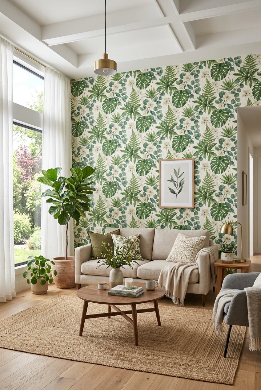 A living room with botanical patterned wallpaper, a beige sofa, wooden coffee table, and plants near large windows.